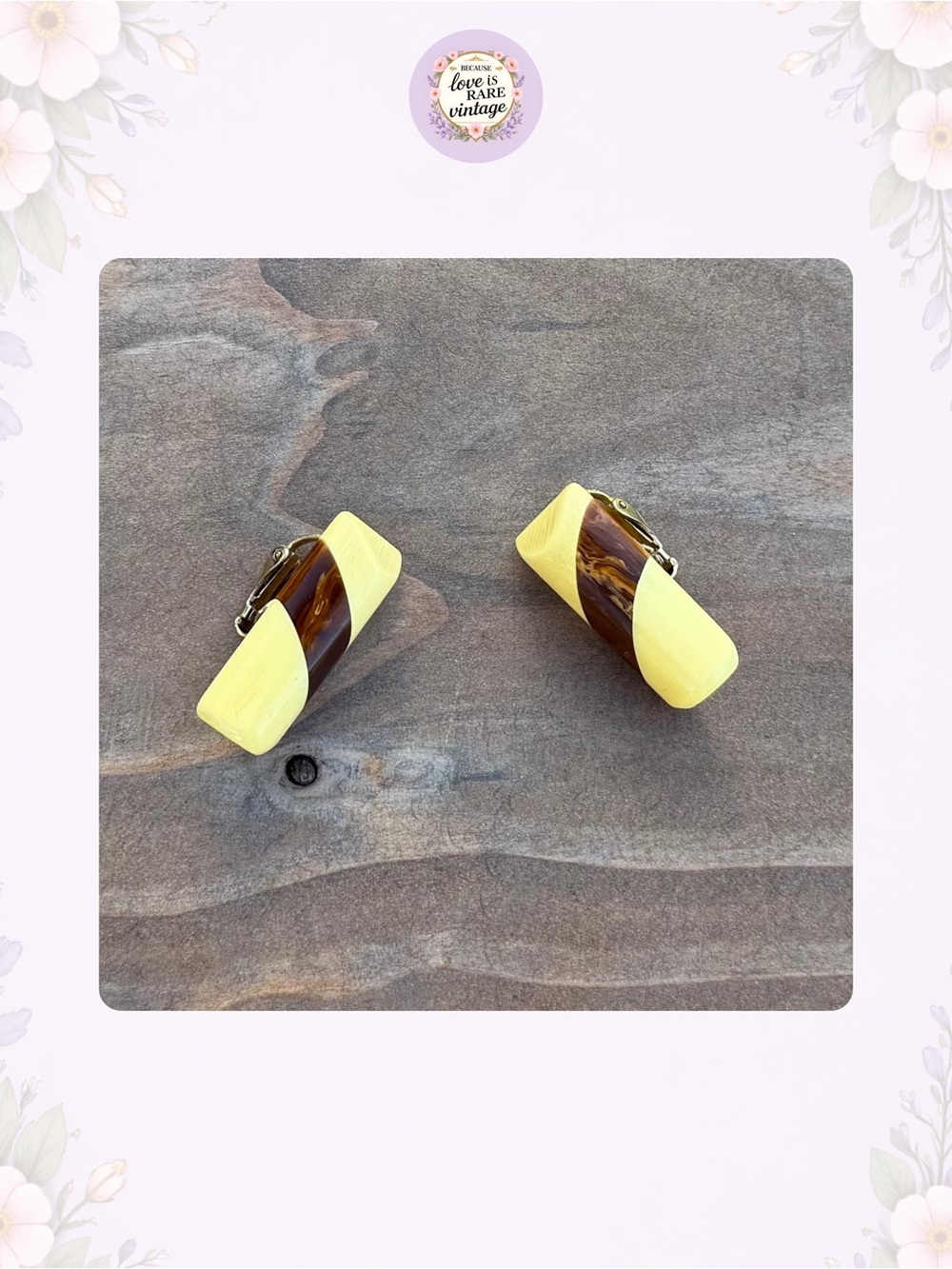Vintage Bakelite Woodgrain Clip-On Earrings in Yellow & Brown Colorblock